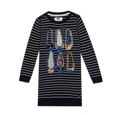 Girls' navy stitched stripe and sequin shoes tunic